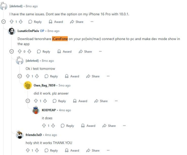 icarefone developer mode works