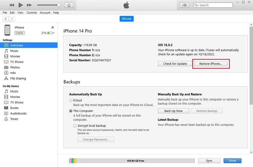 restore iPhone via itunes