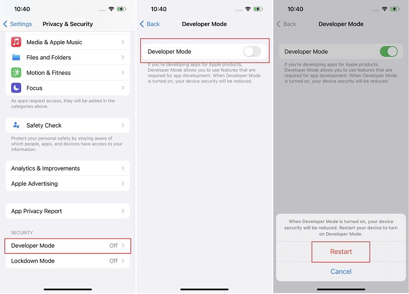 turn on iPhone developer mode