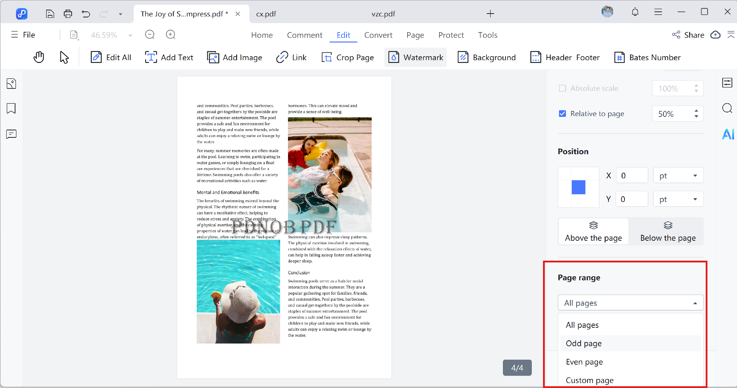 edit watermark page range