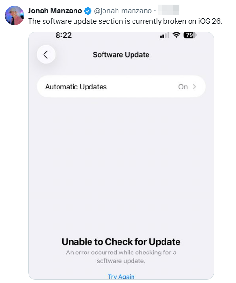 ios 26 unable to check for update on X
